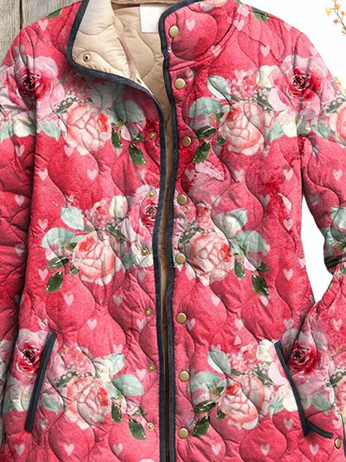 Charming Pink Floral Print Quilted Jacket for Women