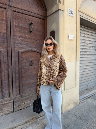 Collarless Leopard Bomber Jacket