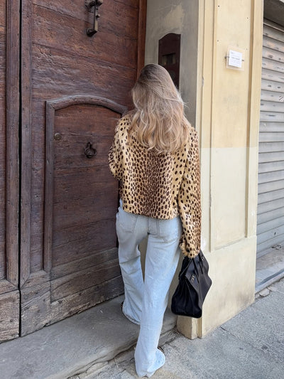 Collarless Leopard Bomber Jacket