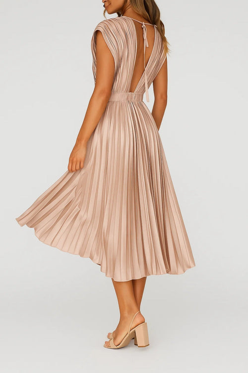 Midi Pleated V-Neck Dress and Highlighted Waist