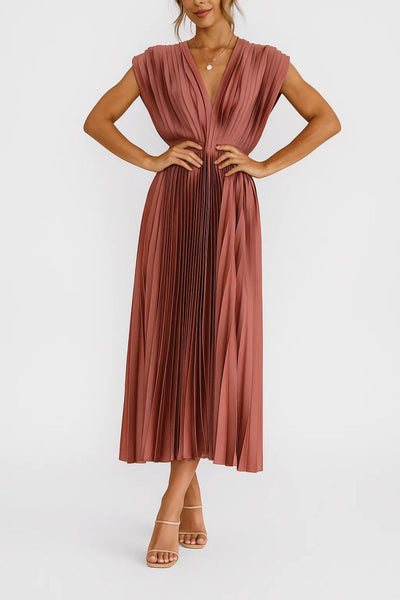 Midi Pleated V-Neck Dress and Highlighted Waist