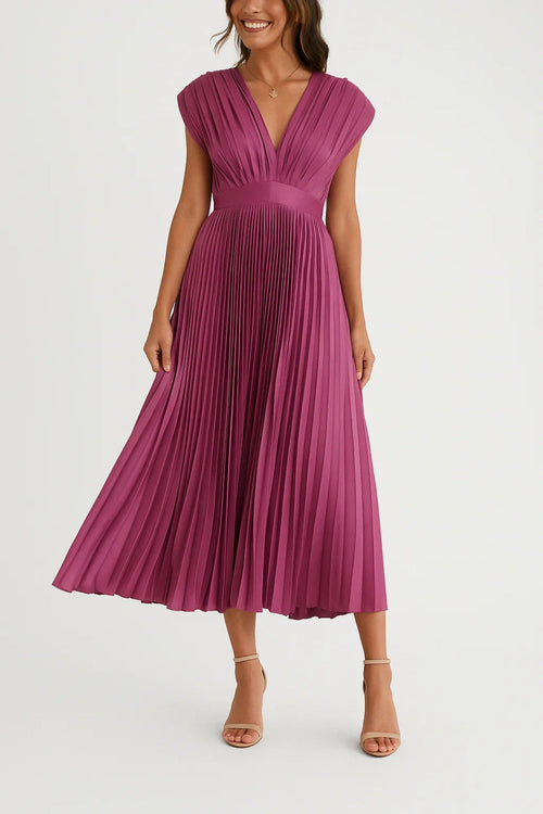 Midi Pleated V-Neck Dress and Highlighted Waist