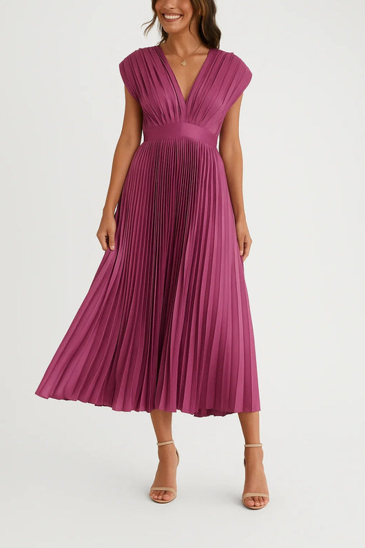 Midi Pleated V-Neck Dress and Highlighted Waist