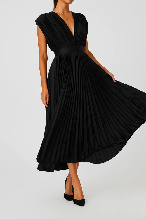 Midi Pleated V-Neck Dress and Highlighted Waist