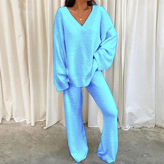 MULANA™ - Chic V-Neck Top and Wide Leg Pants Set