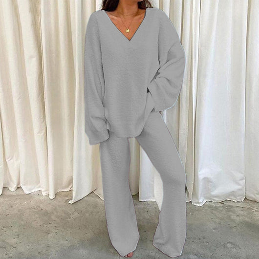 MULANA™ - Chic V-Neck Top and Wide Leg Pants Set