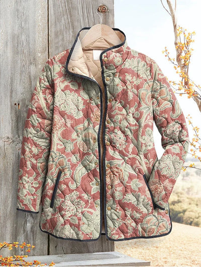 Women's Casual Quilted Jacket with Vintage Floral Print